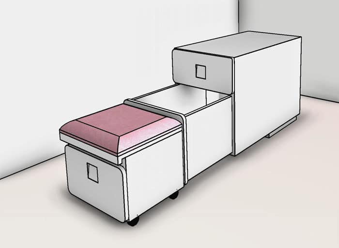 עיצוב ארונית אחסון עם הדום ישיבה נשלף, מרופד וצבעוני עבור עמדת עבודה