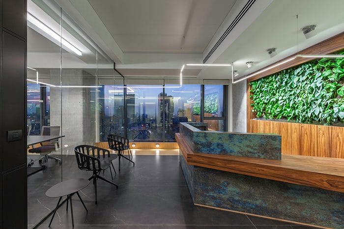משרדים מעוצבים עם אלמנטים של טבע. קיר ירוק טקסטורות של חומרים טבעיים ונוף פתוח
