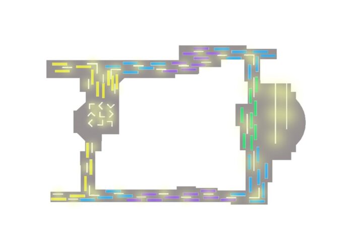 עיצוב תאורה עבור מסדרונות. תכנית תאורה צבעונית מעוצבת לפי צורניות וצבעוניות לוגו החברה